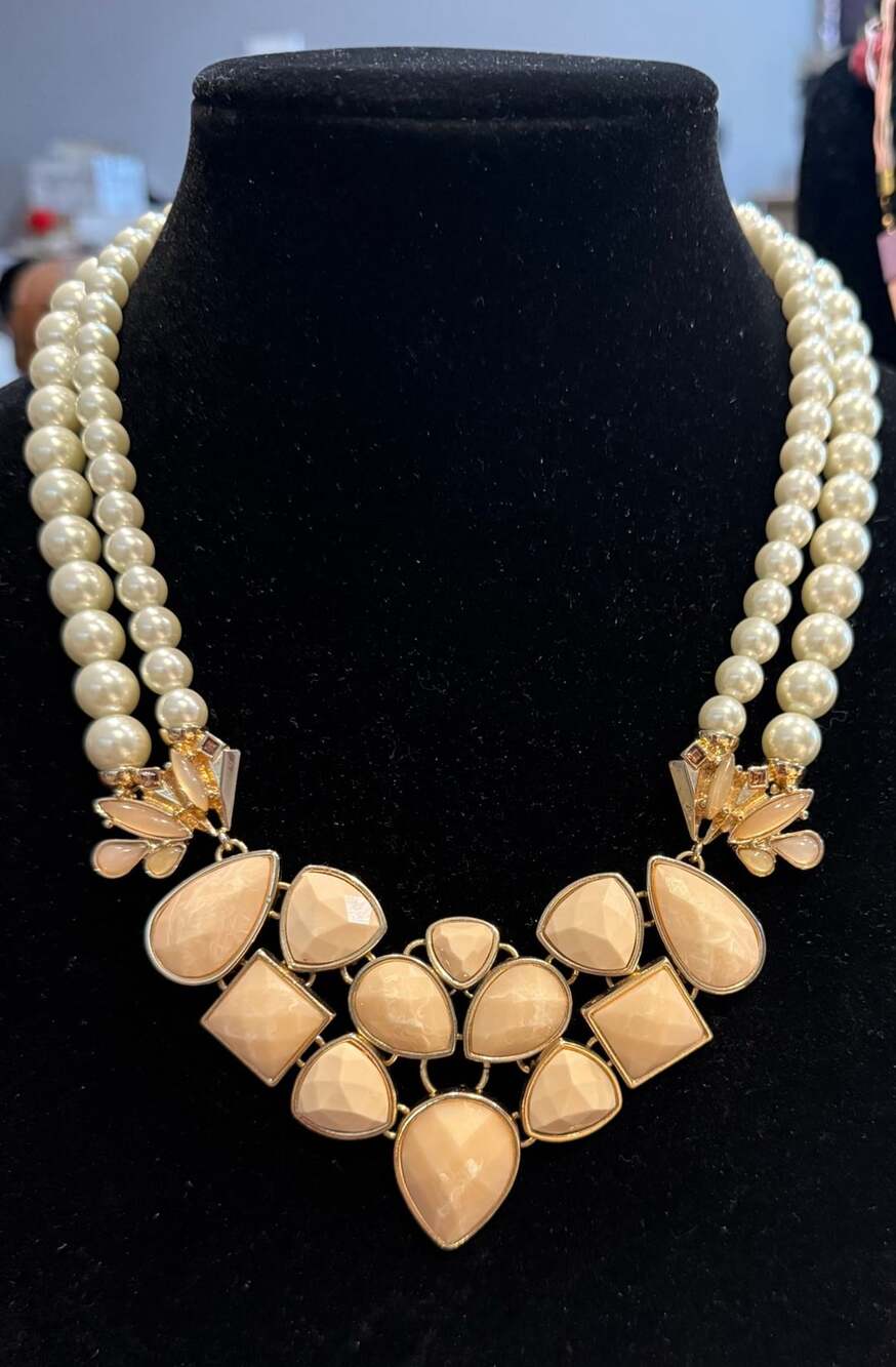 Talbots Faux Pearl and Peach Stone Statement Bib Necklace